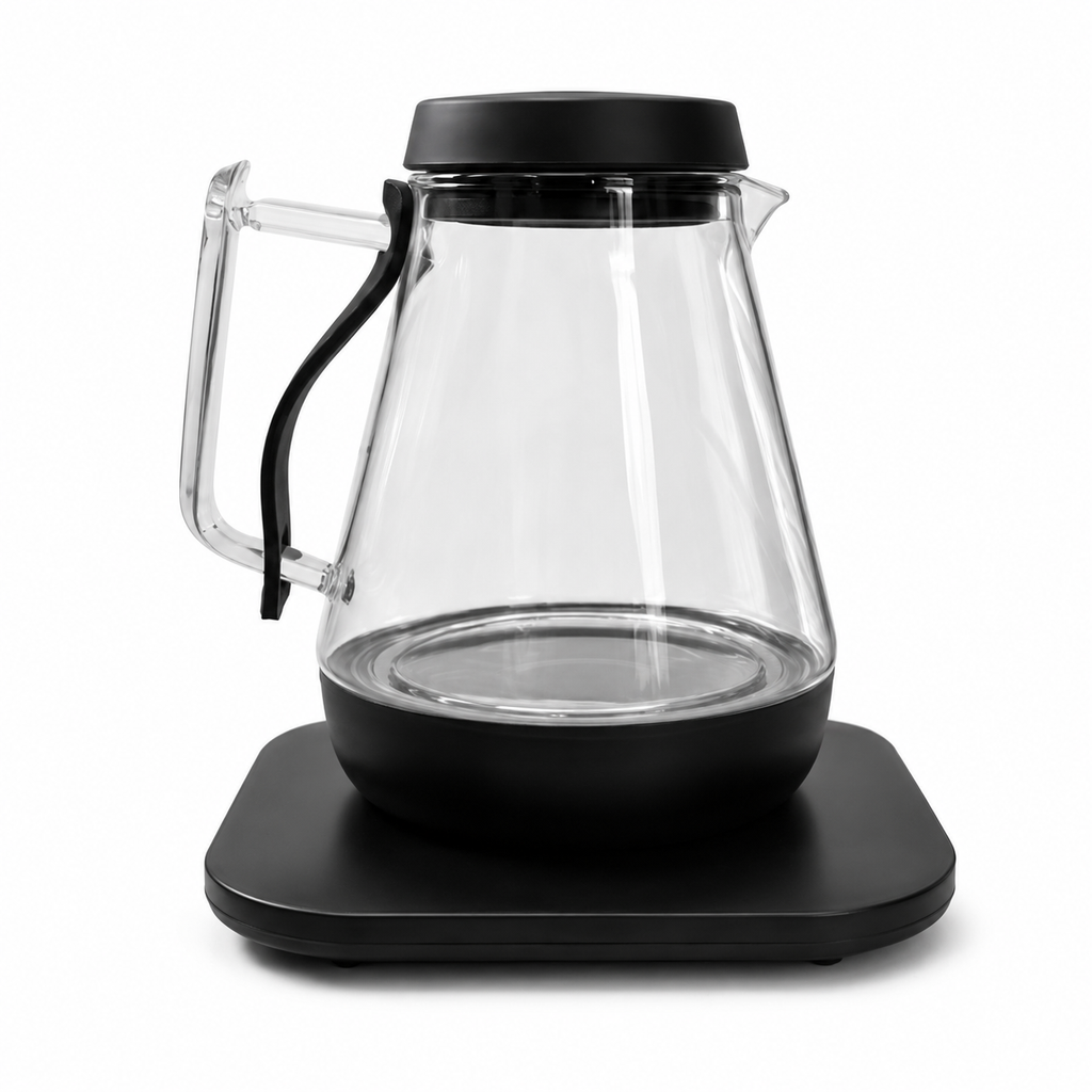 Smart glass kettle with app and voice control on white background